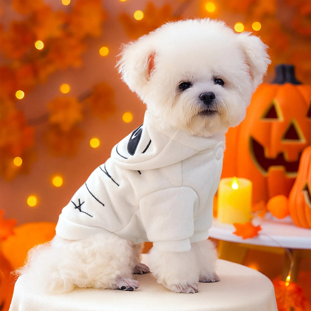 Halloween Mummy Sweater Pet Clothes Dog Cat White Warm Funny Embroidered Open Button Hooded Jackets Pet Costumes