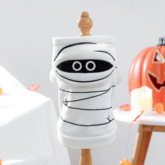 Halloween Mummy Sweater Pet Clothes Dog Cat White Warm Funny Embroidered Open Button Hooded Jackets Pet Costumes